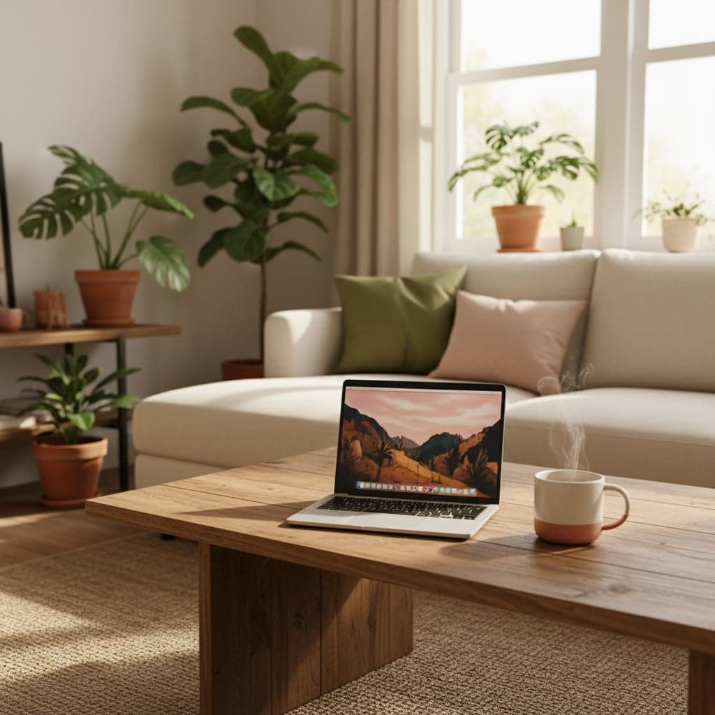 Laptop on a coffee table in a cozy living room