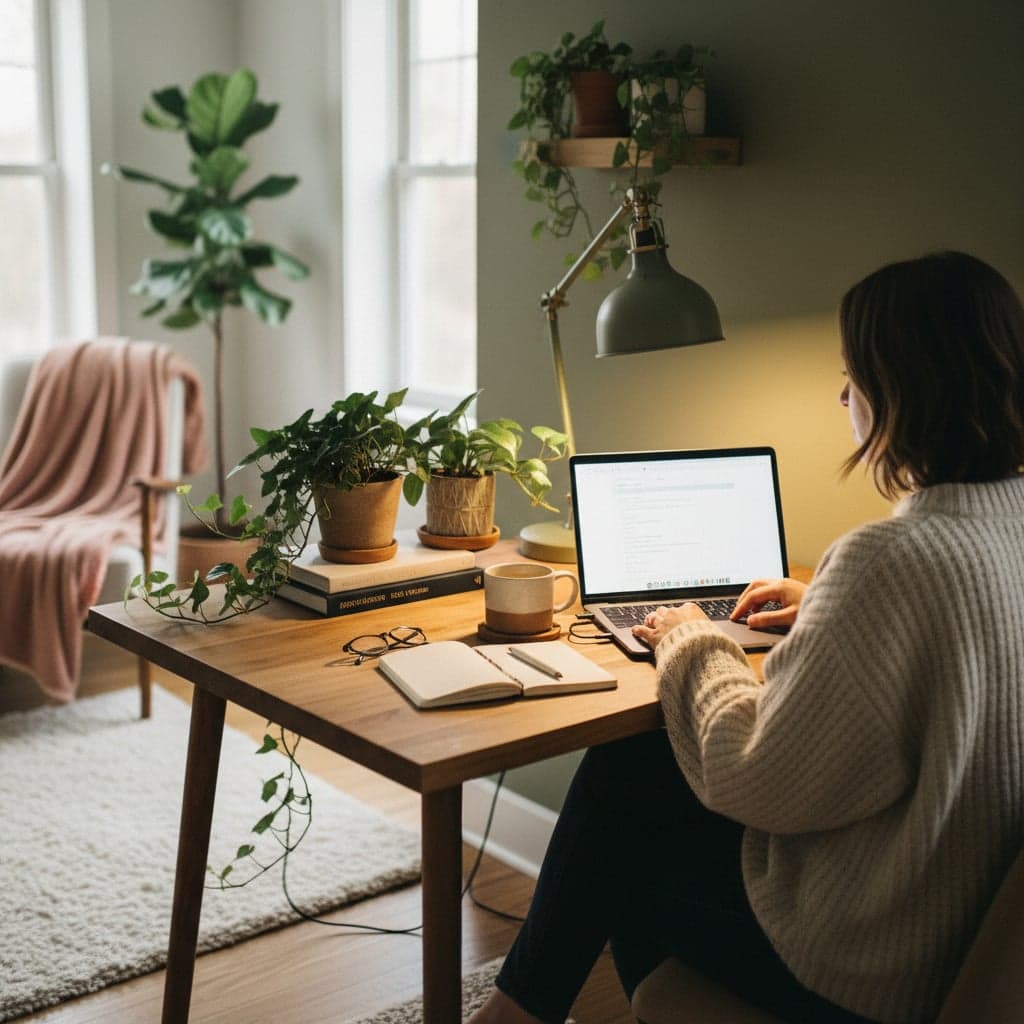 Person at a cozy home desk with a laptop