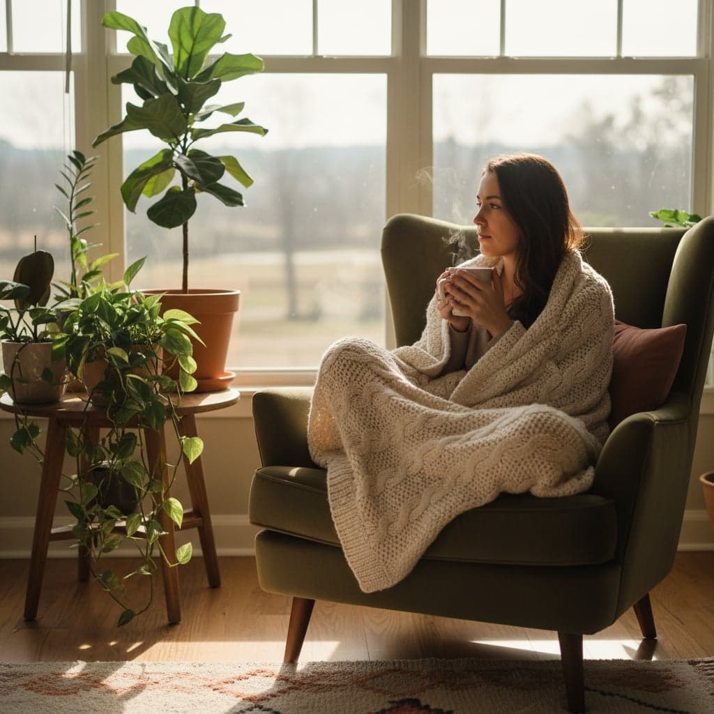 Woman wrapped in a blanket by a window, holding a warm mug