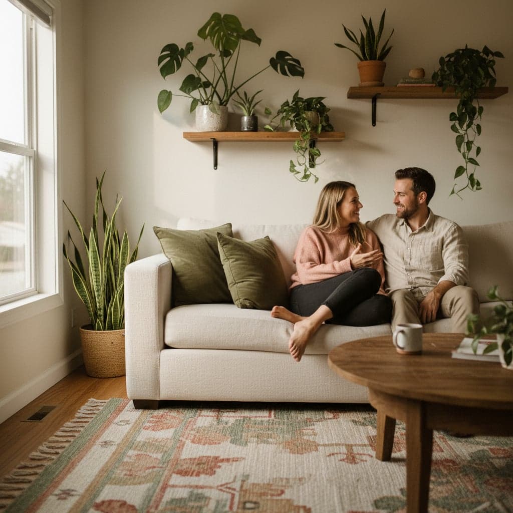 Couple sitting together on a couch in conversation