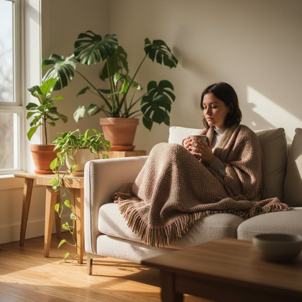 Person sitting quietly on a couch by a window