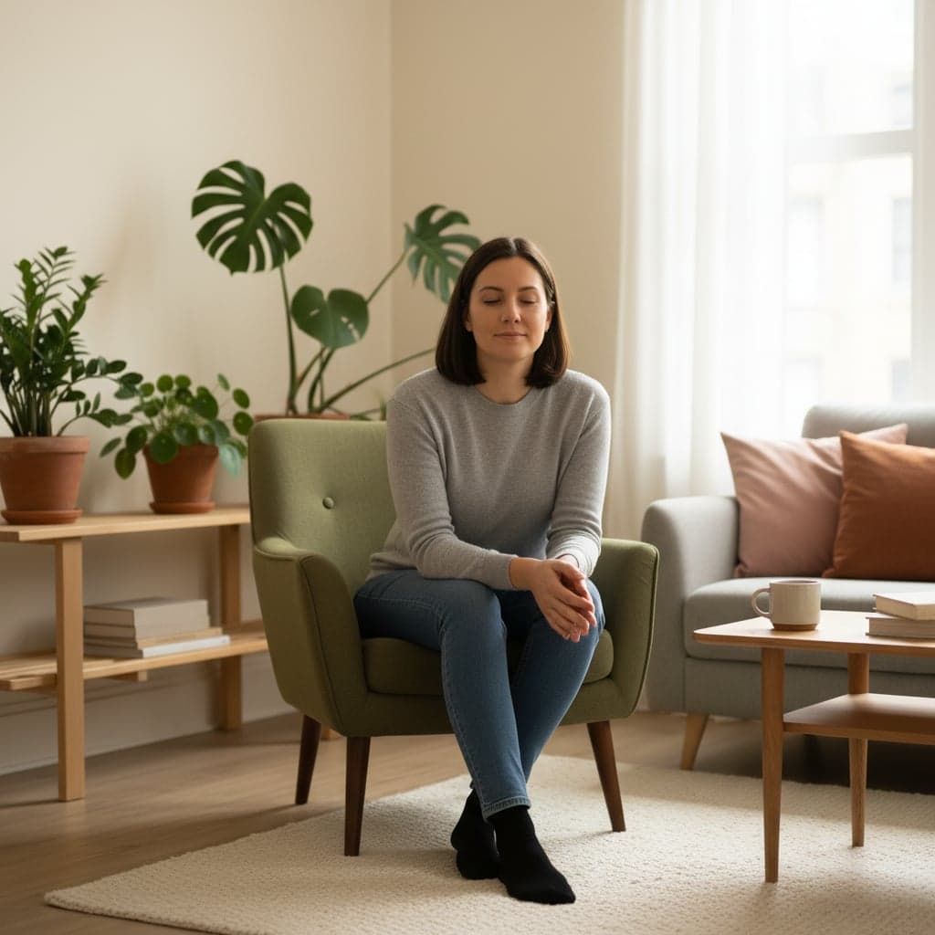 Person sitting calmly in a well-lit room