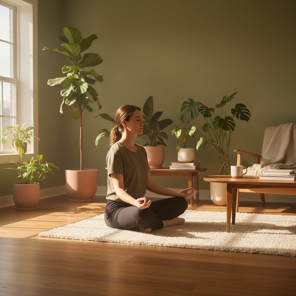 Person sitting peacefully in a sunlit room surrounded by plants